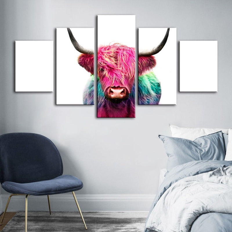 5-teilige bunte rosa Kuh - Leinwand Wandkunst Malerei