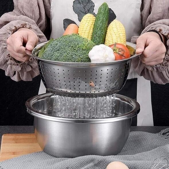3-in-1 Rührschüssel-Set Edelstahl mit Reibe und Sieb | Karnz