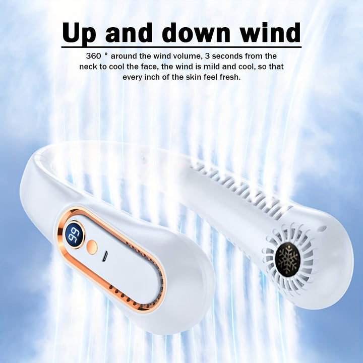 Bleib cool und bequem mit diesem USB-wiederaufladbaren Nackenventilator mit 5 Geschwindigkeitsstufen - Digitalanzeige und bladeloos! | Karnz