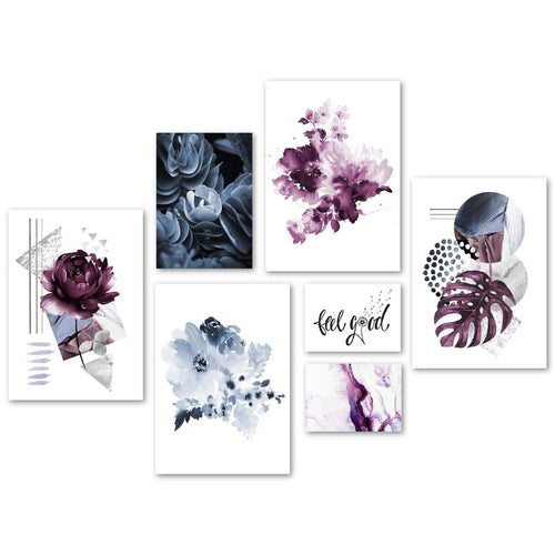 Abstrakte Galeriewand aus lila und blauen Blumen
