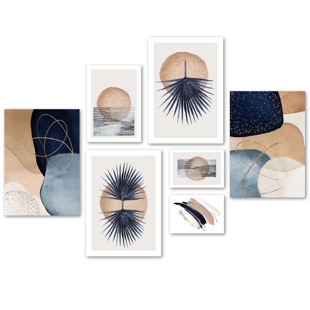 Abstrakte Kunstdrucke in Blau, Beige und Gold