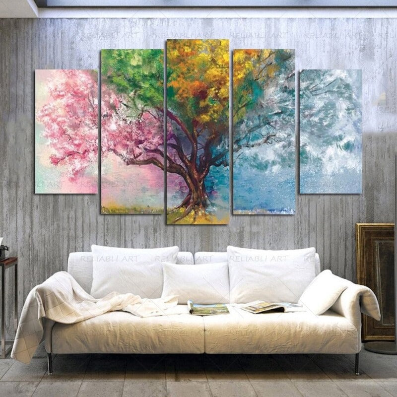 5 Panels "Farbenfroher Saisonbaum"- Wandkunst Modulare Bilder Poster