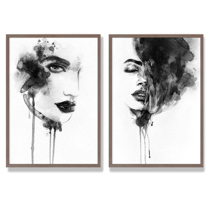 Schwarz-weiße Modeillustrationen, gerahmtes Set aus 2 Kunstdrucken