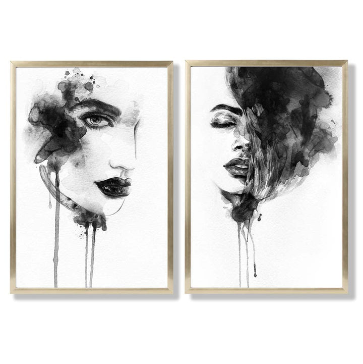 Schwarz-weiße Modeillustrationen, gerahmtes Set aus 2 Kunstdrucken