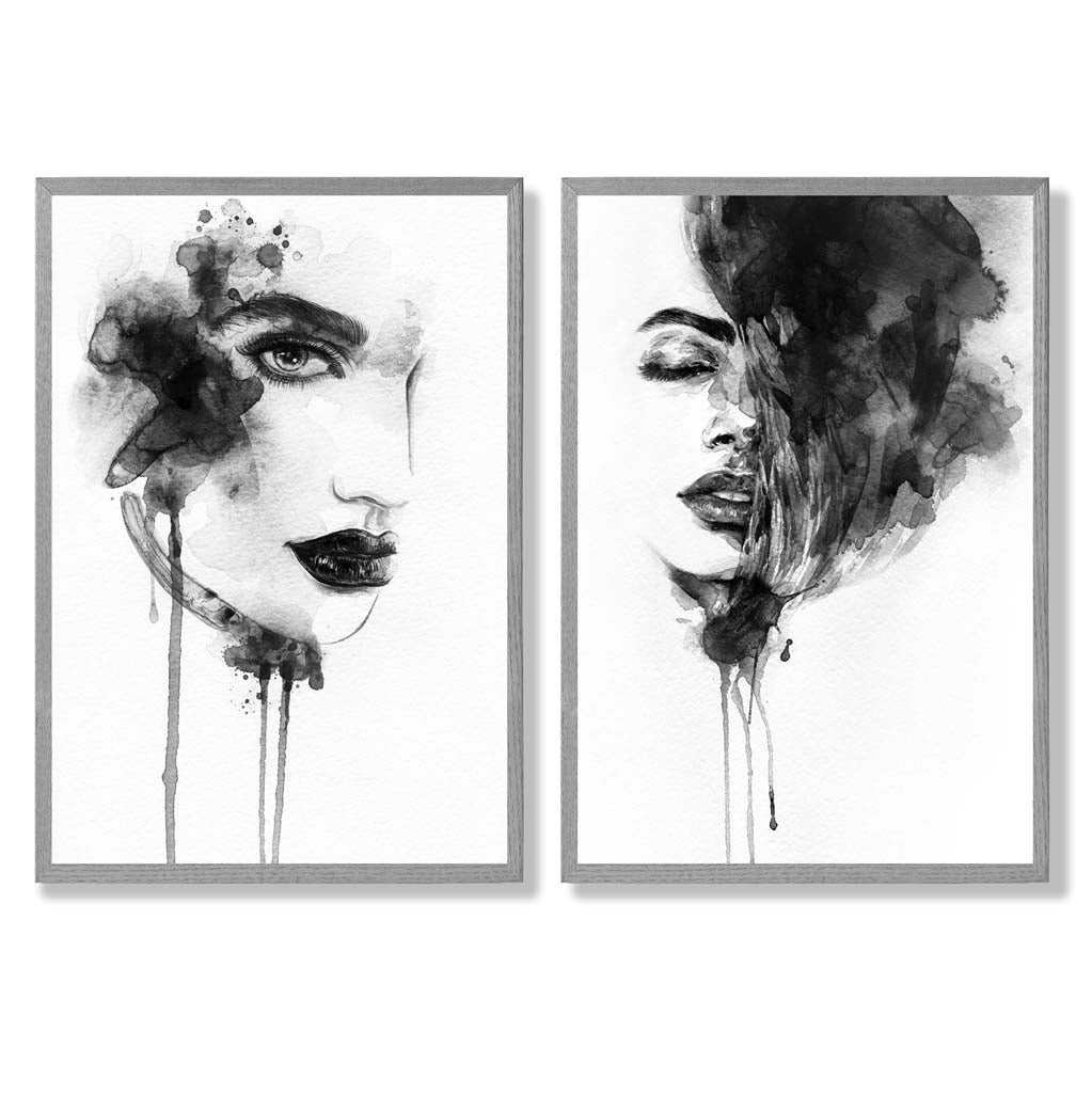 Schwarz-weiße Modeillustrationen, gerahmtes Set aus 2 Kunstdrucken