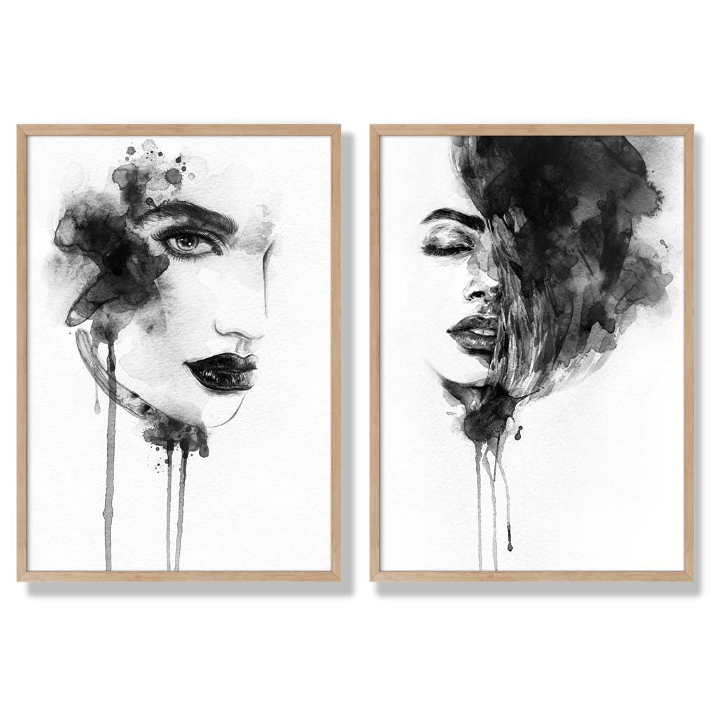 Schwarz-weiße Modeillustrationen, gerahmtes Set aus 2 Kunstdrucken