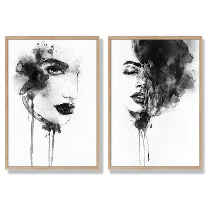 Schwarz-weiße Modeillustrationen, gerahmtes Set aus 2 Kunstdrucken