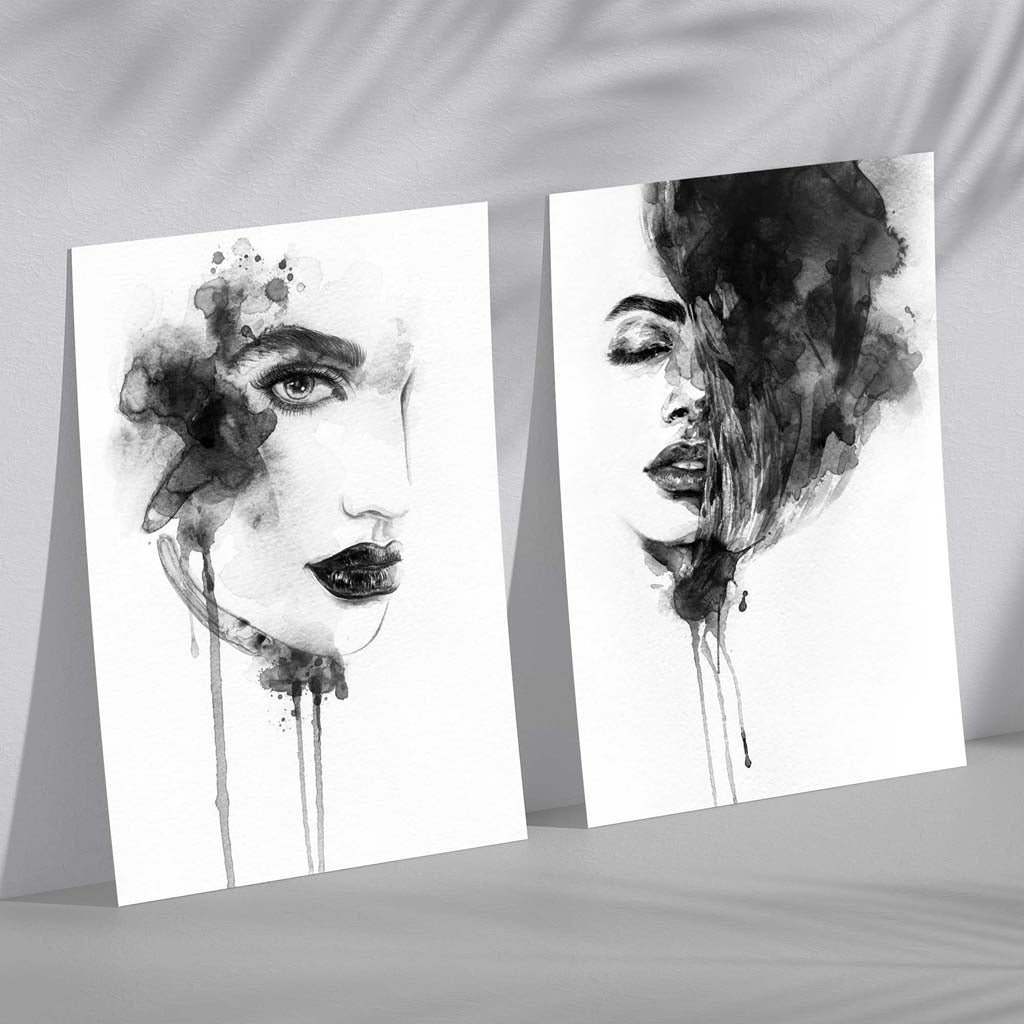Schwarz-Weiß-Modeillustrationen, Set aus 2 Kunstdrucken
