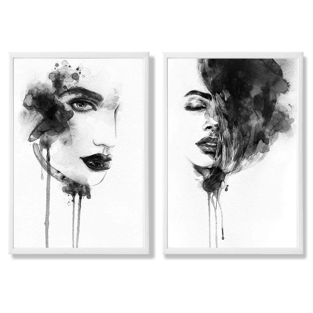 Schwarz-weiße Modeillustrationen, gerahmtes Set aus 2 Kunstdrucken