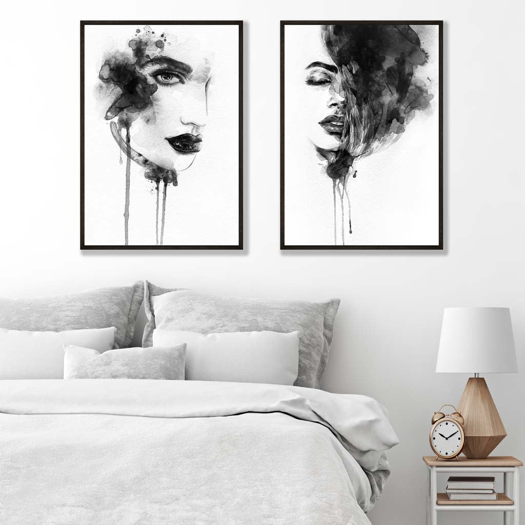Schwarz-weiße Modeillustrationen, gerahmtes Set aus 2 Kunstdrucken