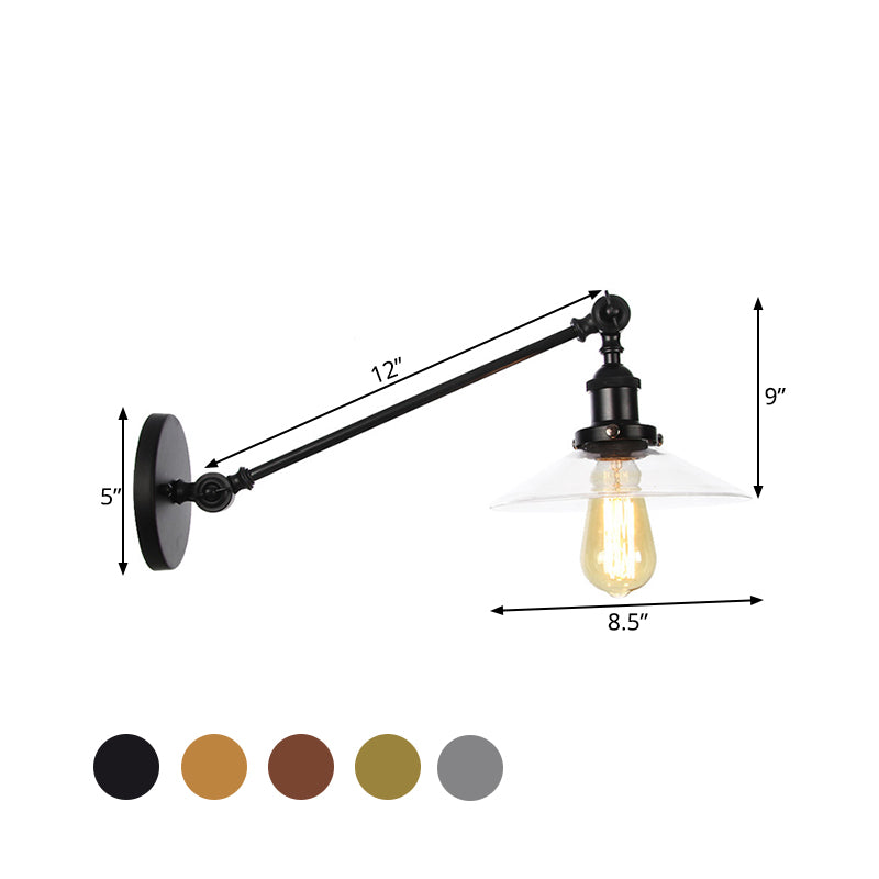 1 Licht Innen Wandlampe Vintage Schwarz/Messing/Bronze Beleuchtungseinrichtung mit konischem transparentem Glasschirm, 8"/12" L Arm