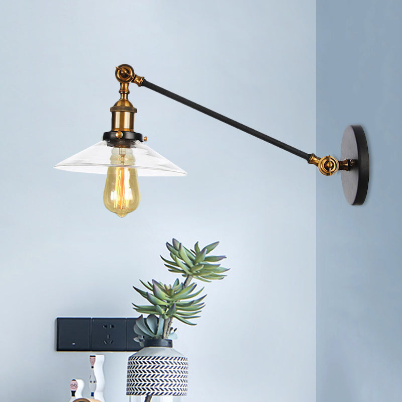 1 Licht Innen Wandlampe Vintage Schwarz/Messing/Bronze Beleuchtungseinrichtung mit konischem transparentem Glasschirm, 8"/12" L Arm