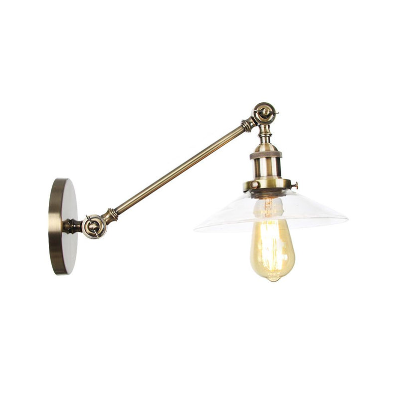 1 Licht Innen Wandlampe Vintage Schwarz/Messing/Bronze Beleuchtungseinrichtung mit konischem transparentem Glasschirm, 8"/12" L Arm