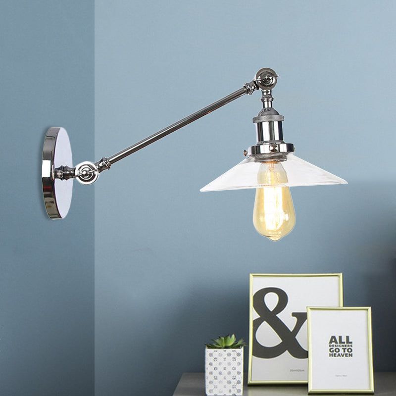1 Licht Innen Wandlampe Vintage Schwarz/Messing/Bronze Beleuchtungseinrichtung mit konischem transparentem Glasschirm, 8"/12" L Arm