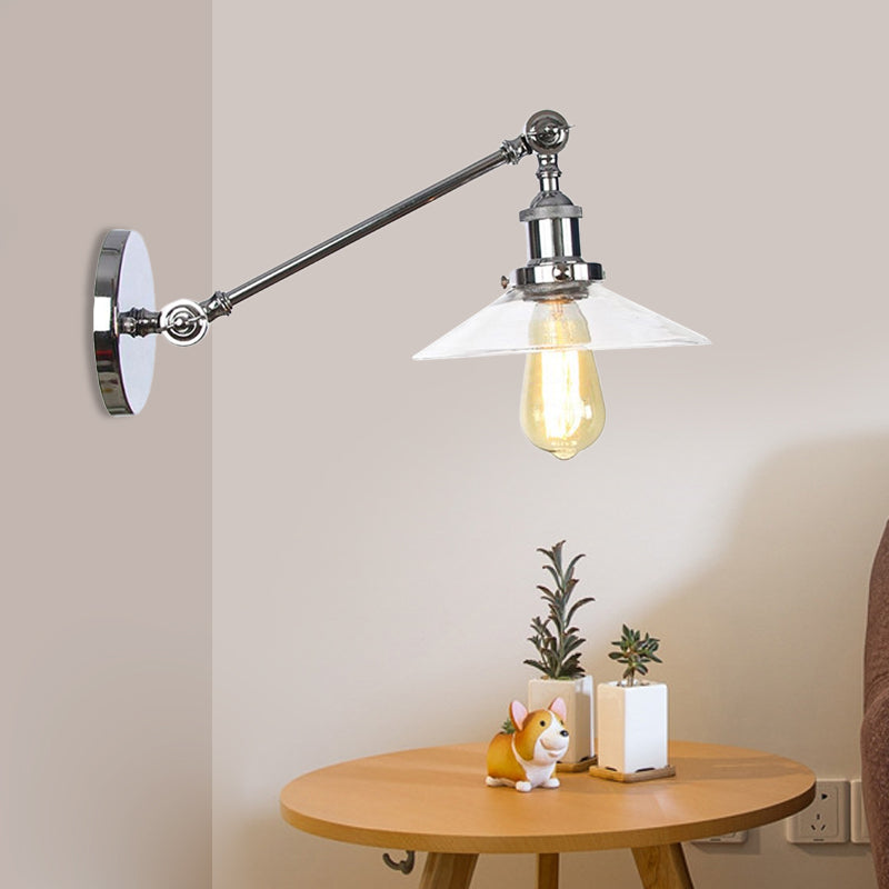 1 Licht Innen Wandlampe Vintage Schwarz/Messing/Bronze Beleuchtungseinrichtung mit konischem transparentem Glasschirm, 8"/12" L Arm