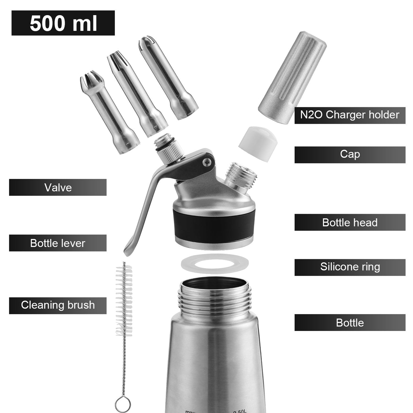 Sahnespender Edelstahl mit 3 Düsen 500ml | Karnz