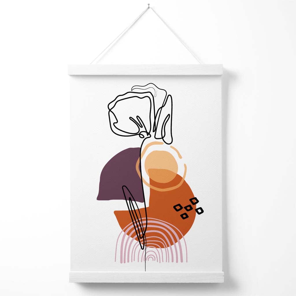 Nelkenblumen-Linienkunst mit Boho-lila und orangen Formen, Poster mit Aufhänger