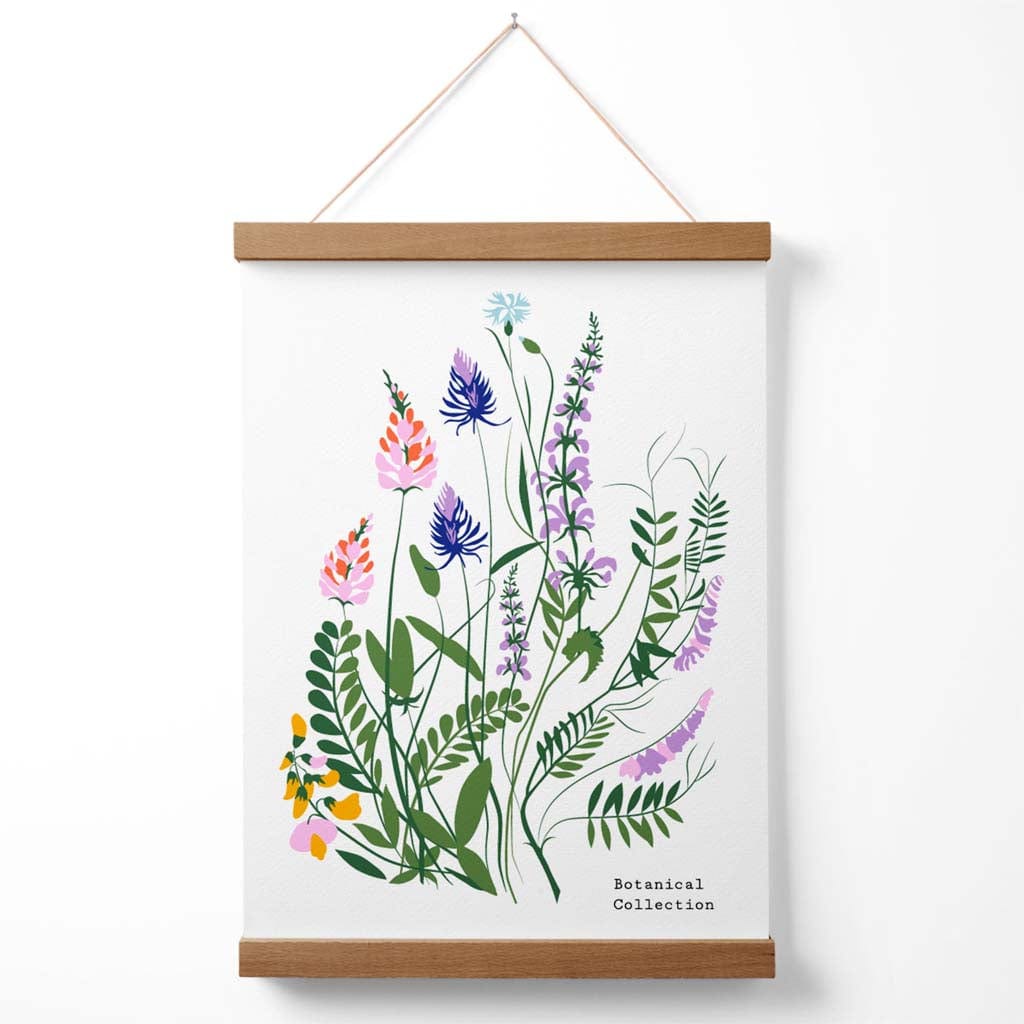 Schlichtes Poster für einen Blumenmarkt mit blauen und violetten Wildblumen, inklusive Aufhänger
