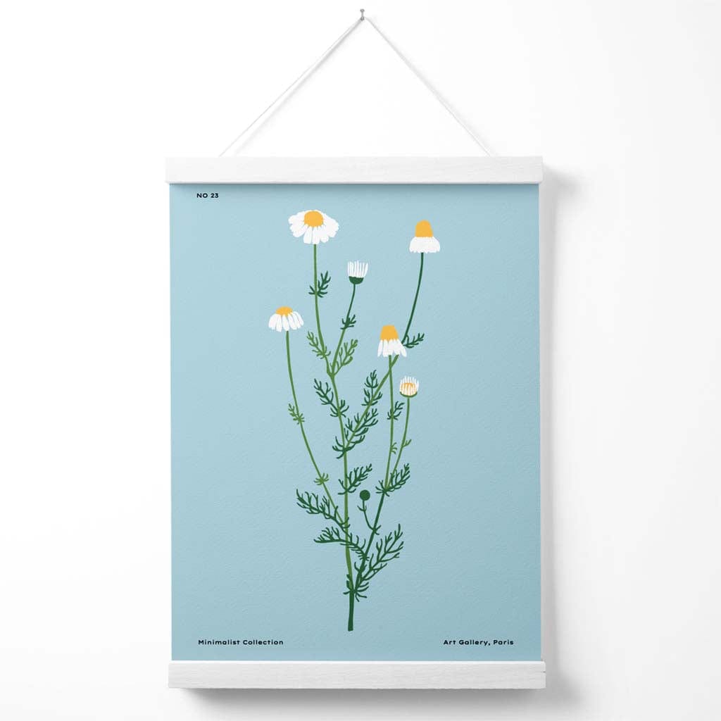 Minimalistisches Poster „Blauer Gänseblümchen-Blumenmarkt“ mit Aufhänger