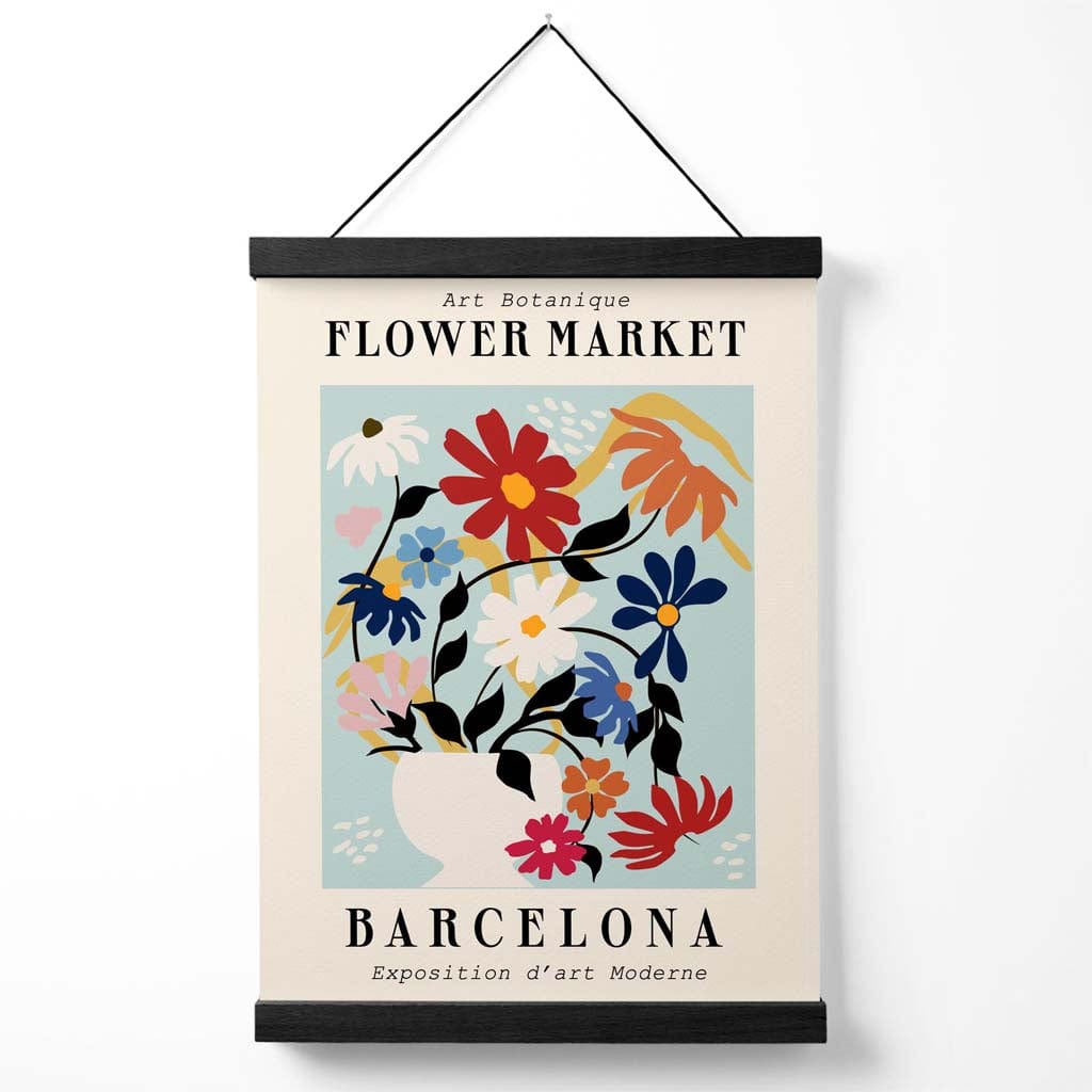 Ausstellungsplakat zum blau-rosa Blumenmarkt in Barcelona mit Aufhänger
