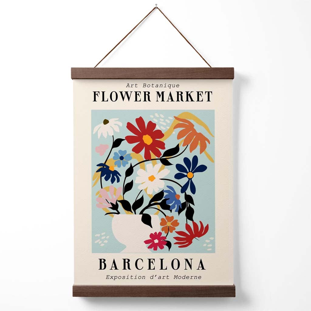Ausstellungsplakat zum blau-rosa Blumenmarkt in Barcelona mit Aufhänger