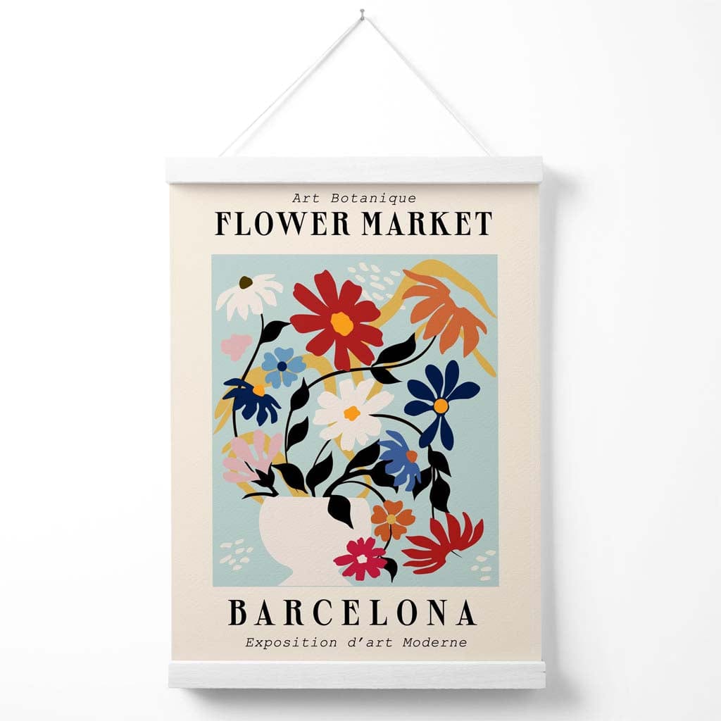 Ausstellungsplakat zum blau-rosa Blumenmarkt in Barcelona mit Aufhänger