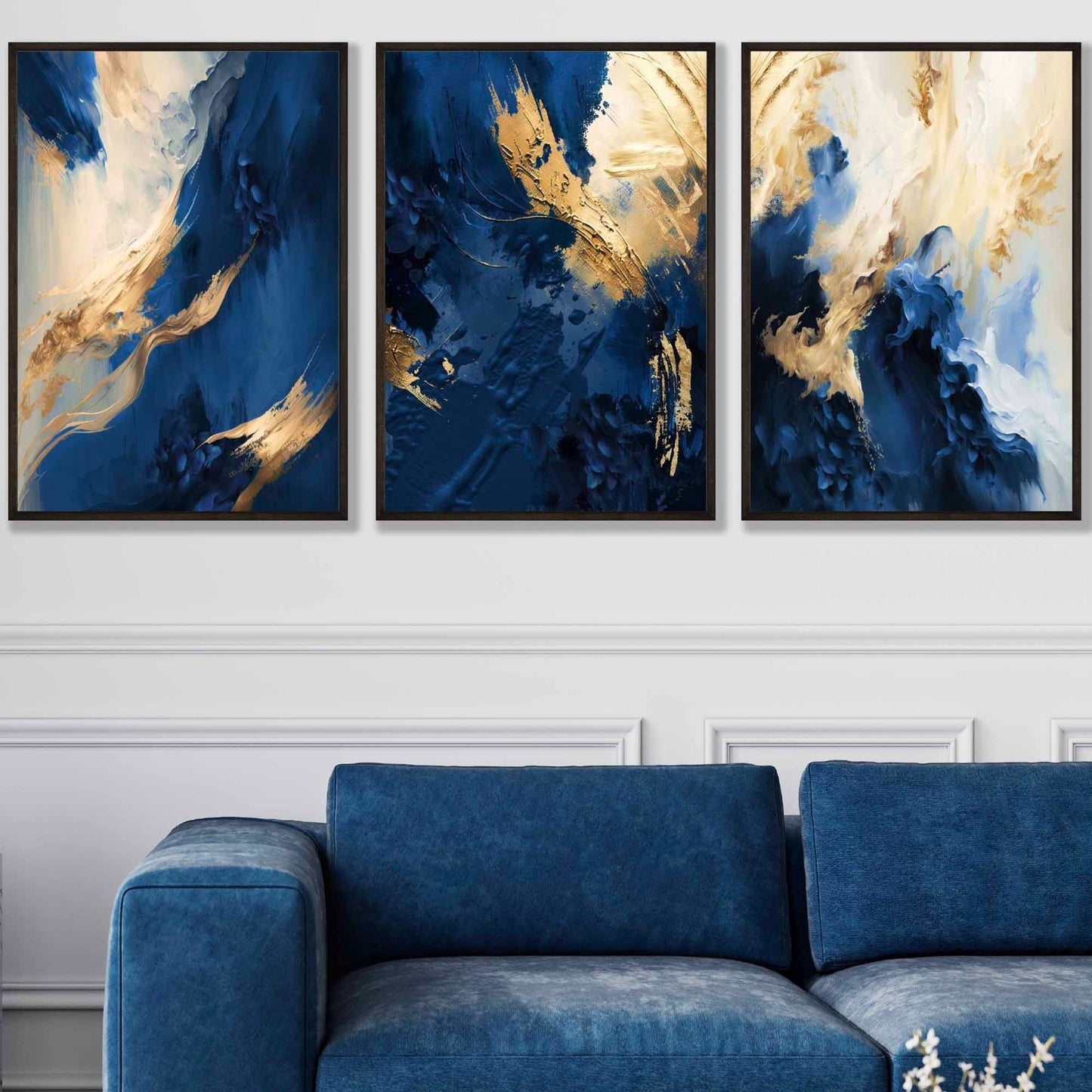 Abstraktes Set aus 3 Wandbildern in Marineblau und Gold