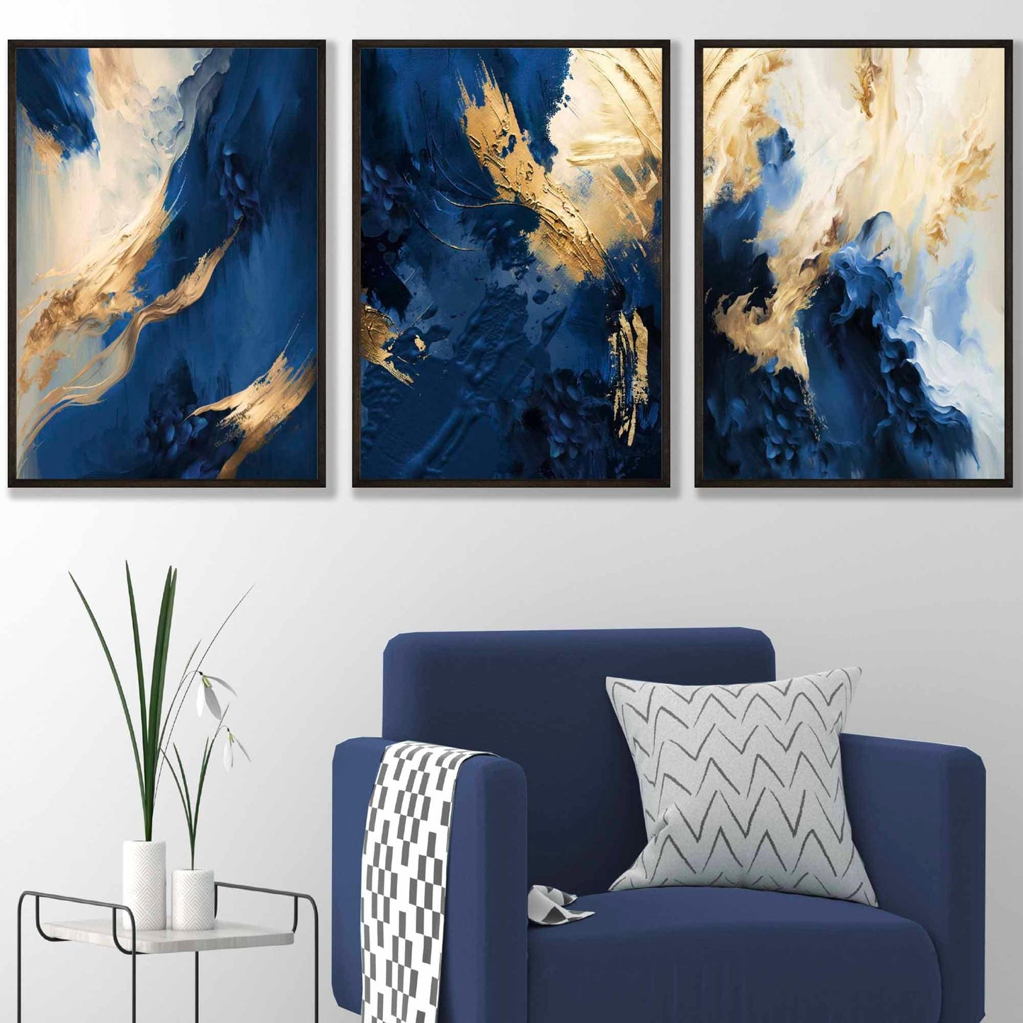 Abstraktes, gerahmtes Set aus 3 Wandbildern in Marineblau und Gold