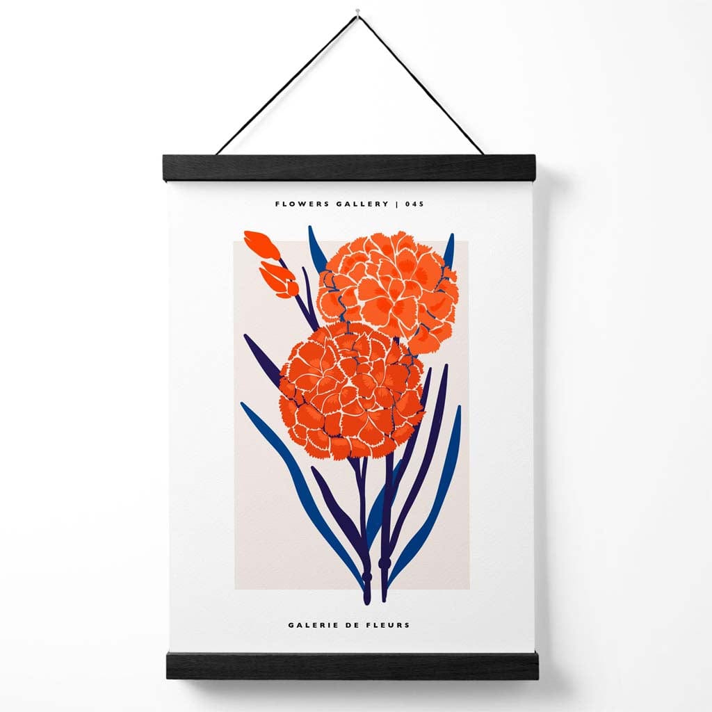 Ausstellungsplakat für den Allium-Blumenmarkt in Blau und Orange mit Aufhänger