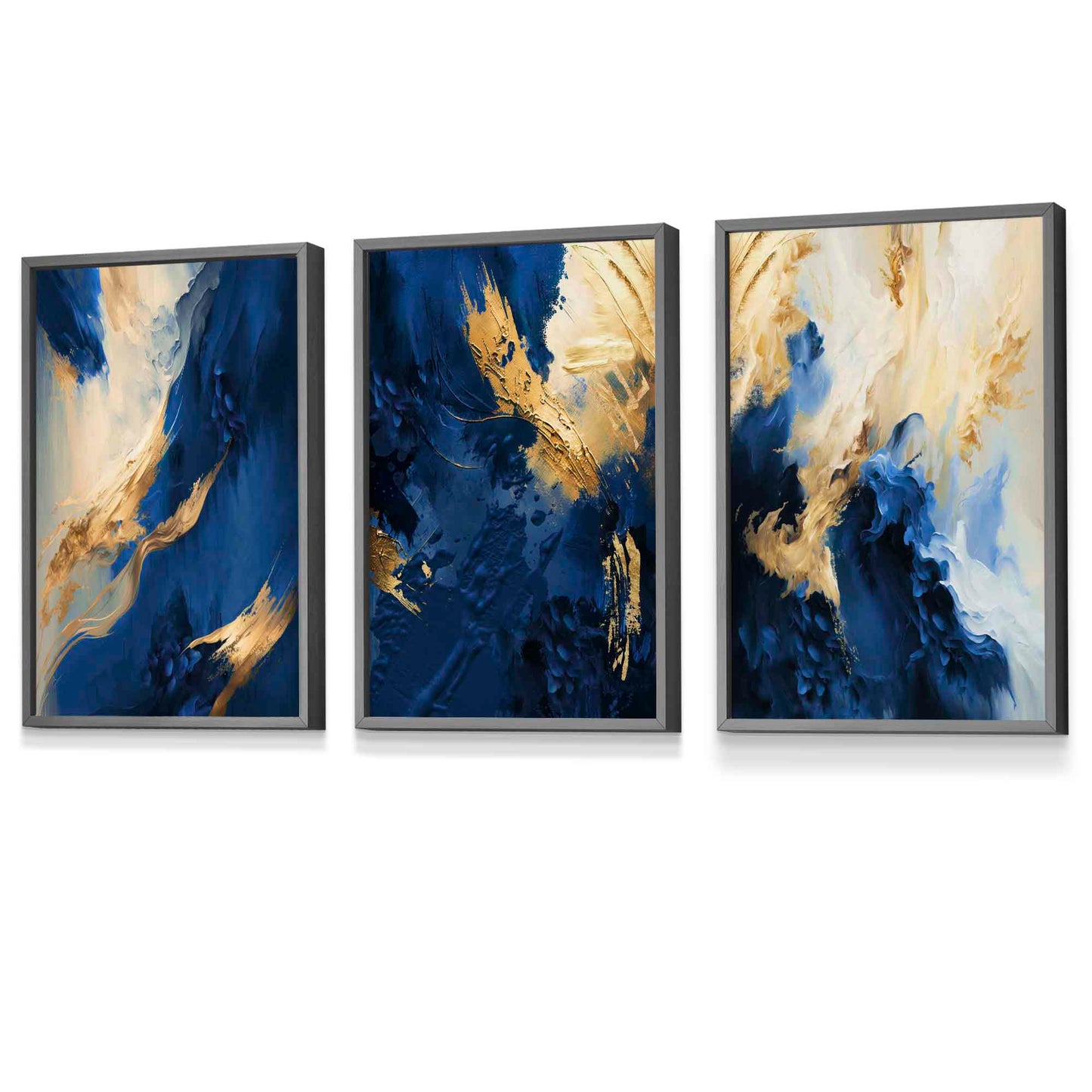 Abstraktes, gerahmtes Set aus 3 Wandbildern in Marineblau und Gold