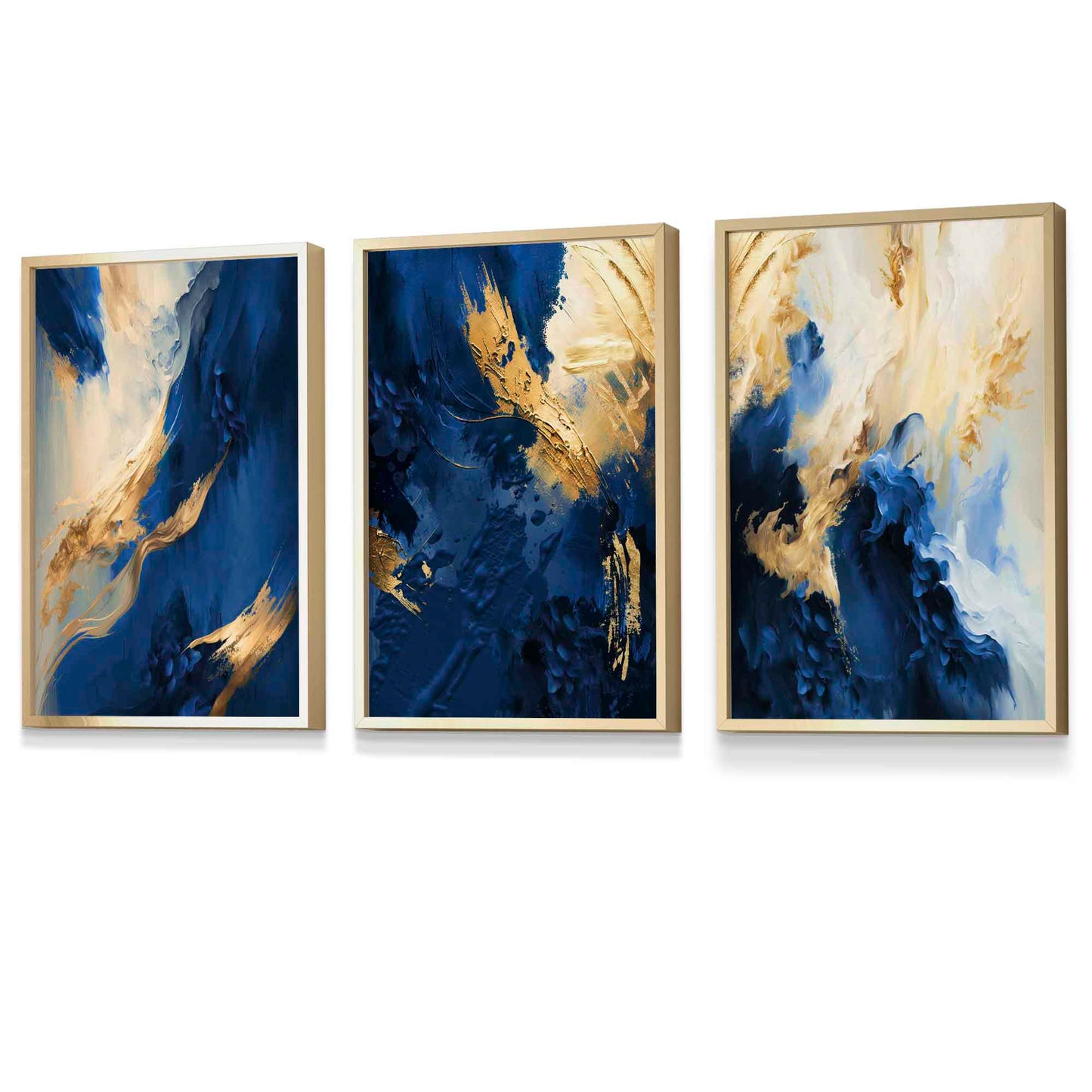 Abstraktes, gerahmtes Set aus 3 Wandbildern in Marineblau und Gold
