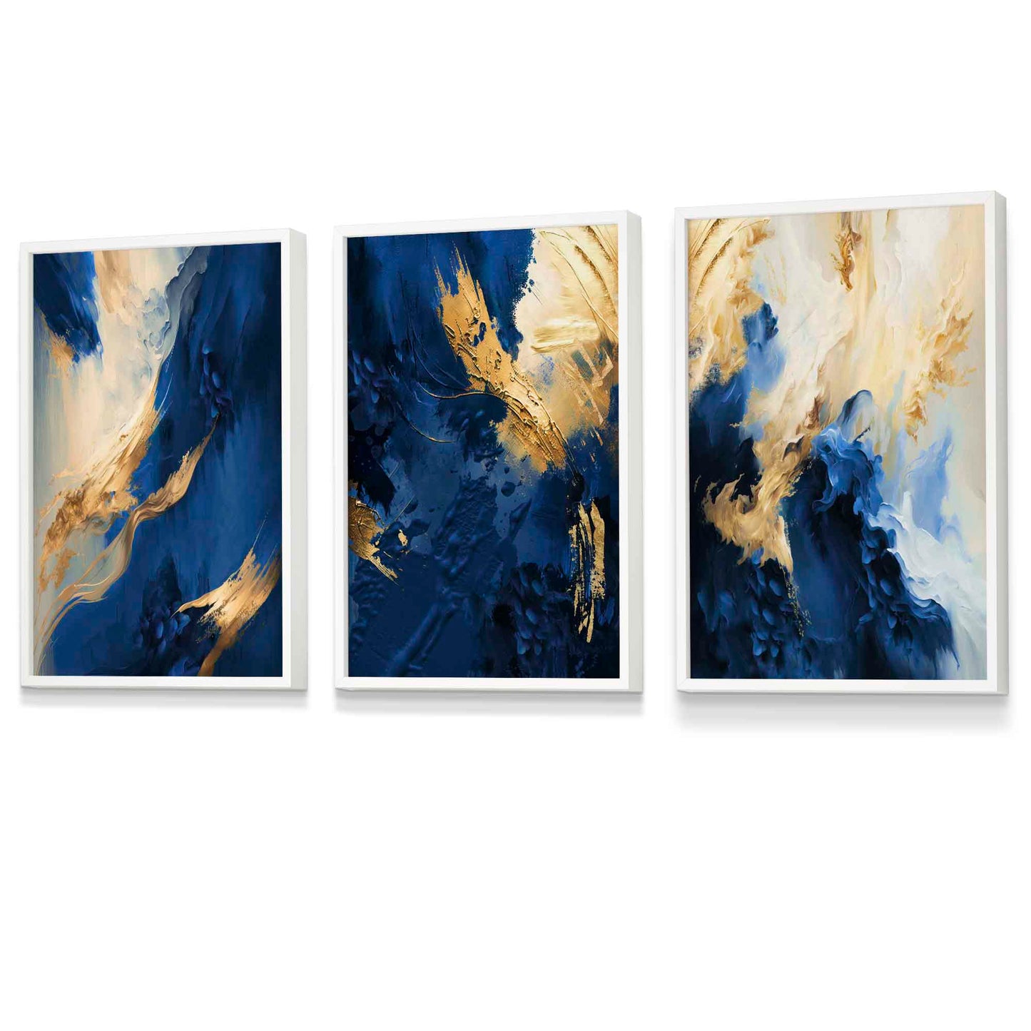 Abstraktes, gerahmtes Set aus 3 Wandbildern in Marineblau und Gold