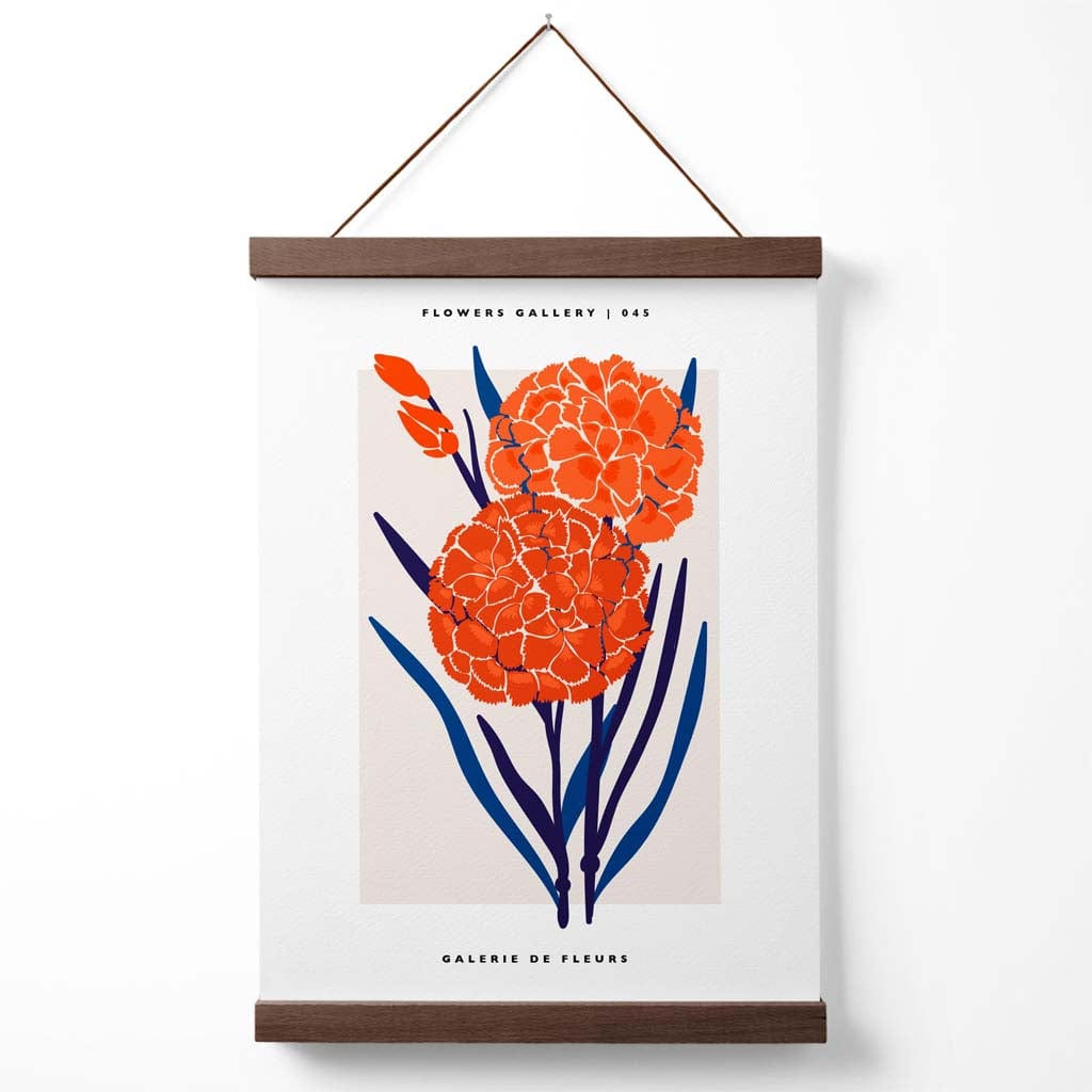 Ausstellungsplakat für den Allium-Blumenmarkt in Blau und Orange mit Aufhänger