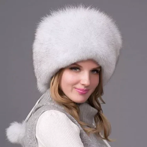 100 % natürliche Fuchspelzmütze für Damen, dicke Pelzmütze, warme Wintermütze, modische Damenmütze mit Ohrenschützern
