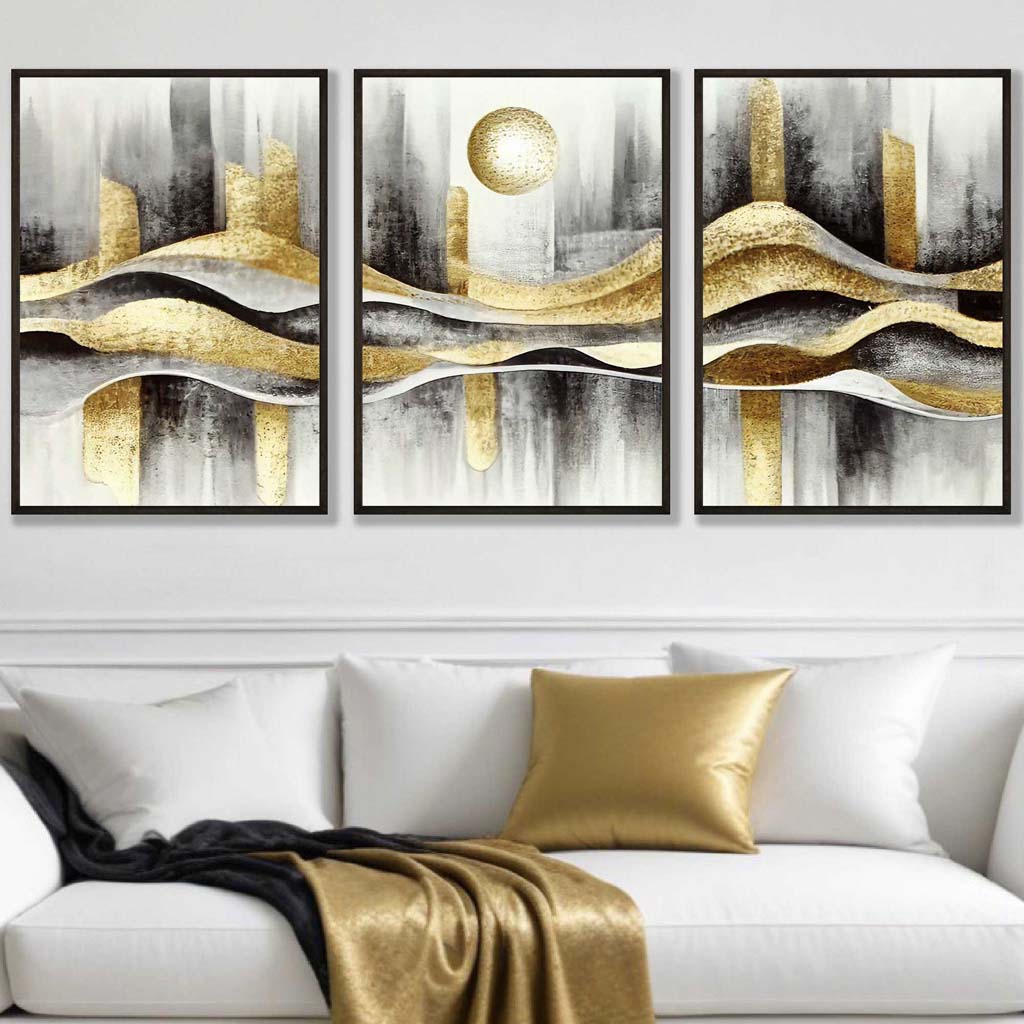 Abstraktes Stadtmotiv, 3-teiliges Set schwarzer und goldener Wandbilder