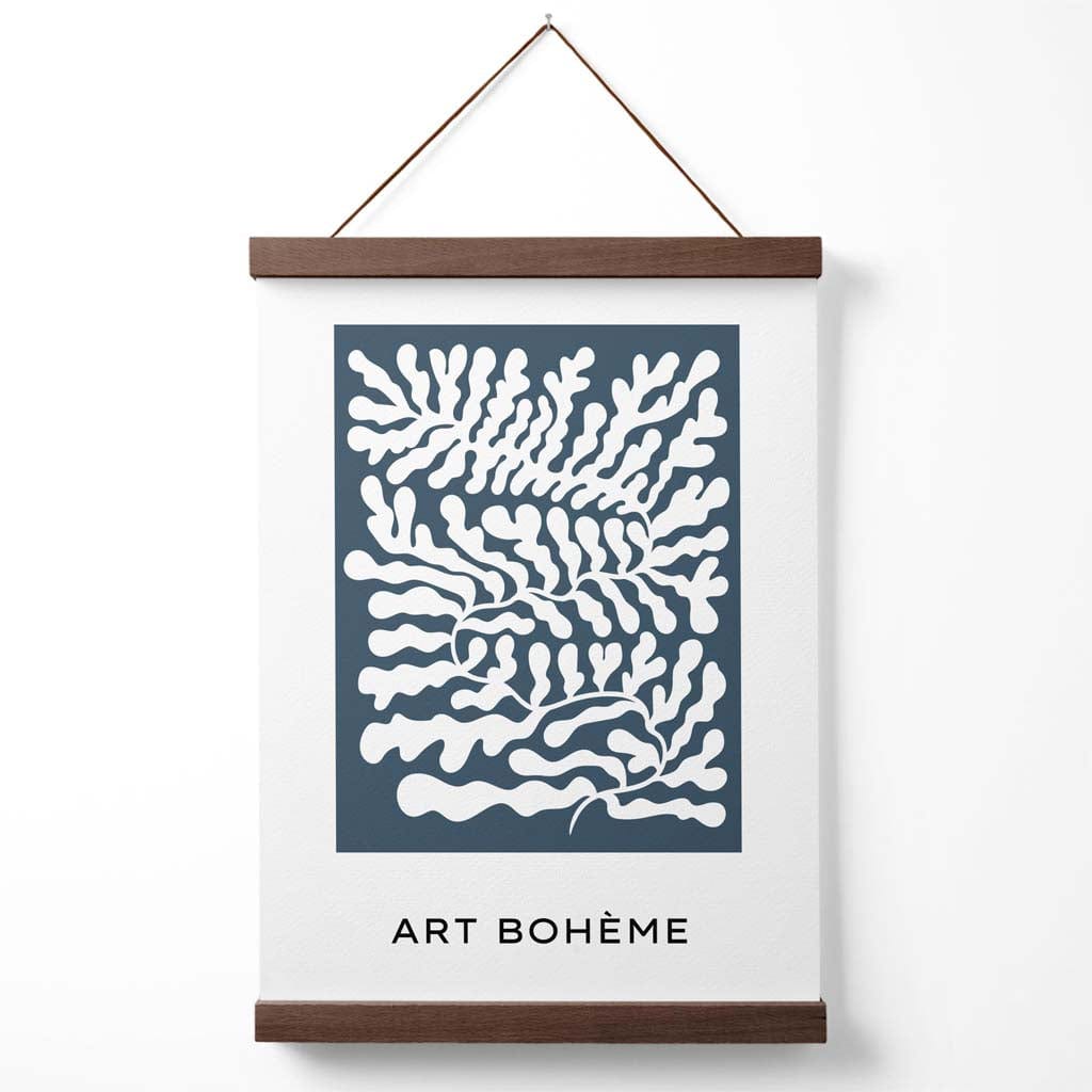 Blau-weißes Poster im Matisse-Stil mit floralem Ausschnitt und Aufhänger