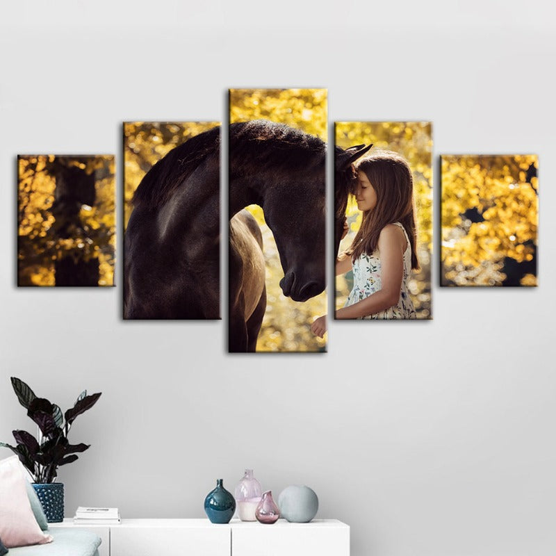 5-teilige Freundschaft zwischen Mädchen & Pferd - Leinwand Wandkunst Malerei