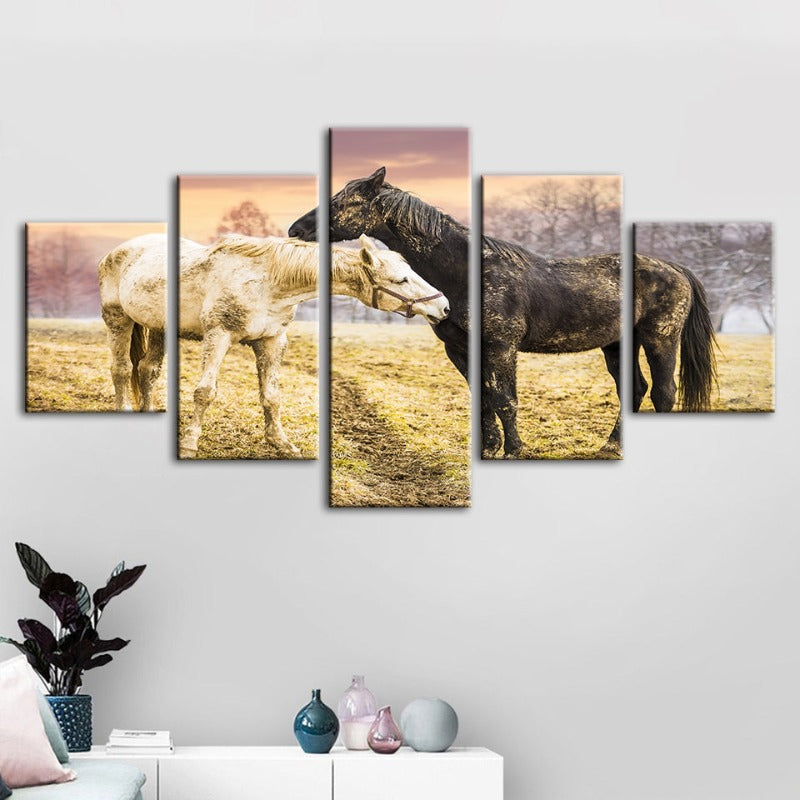 5 Stück Schwarz & Weiß Pferde - Leinwand Wandkunst Malerei