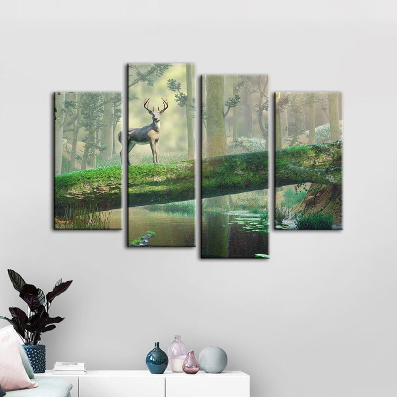 4-teiliges Verzaubertes Wald Reh - Leinwand Wandkunst Gemälde