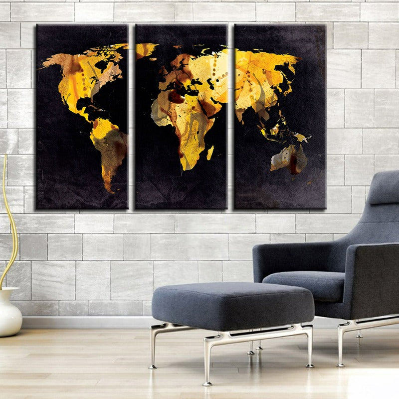 Schöne gelbe Blätter-Weltkarte-Leinwand Wandkunst Malerei 3 Teile