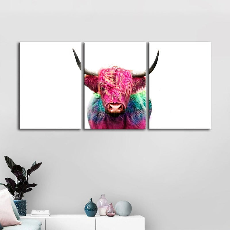 Farbenfrohe pinke Kuh-Leinwand Wandkunst Gemälde 3 Teile