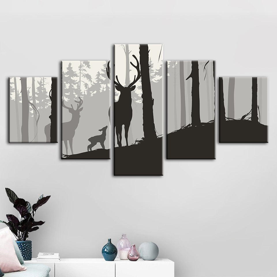 Silhouette einer Hirschfamilie, 5-teilig - Leinwandbild