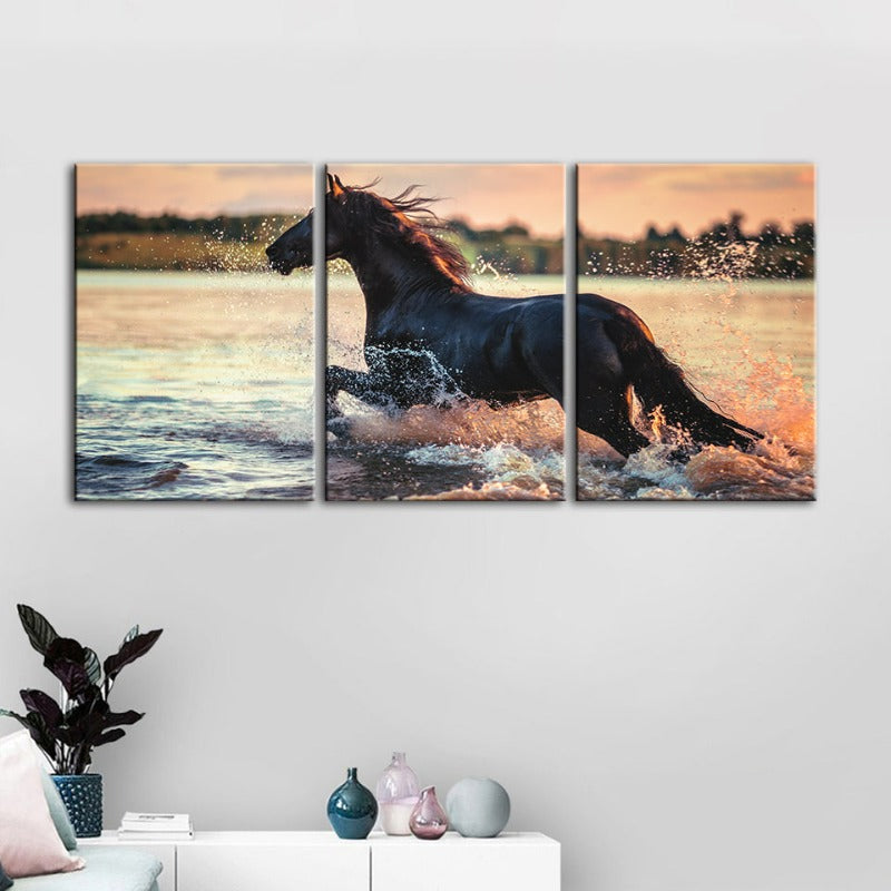 Galoppierendes Pferd im Wasser – Leinwandbild, 3-teilig