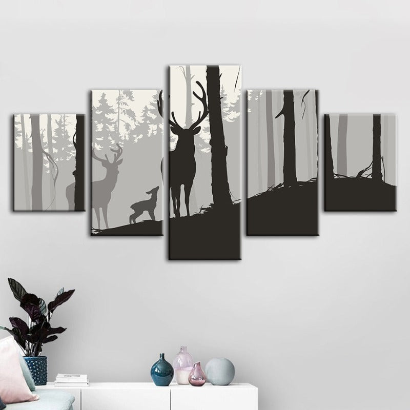 5-teiliges Silhouette Reh Familie - Leinwand Wandkunst Malerei
