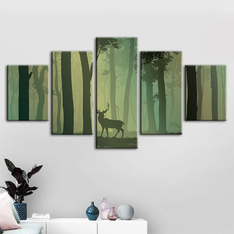 5-teilige verzauberte grüne Silhouetten-Hirsch - Leinwand Wandkunst Malerei