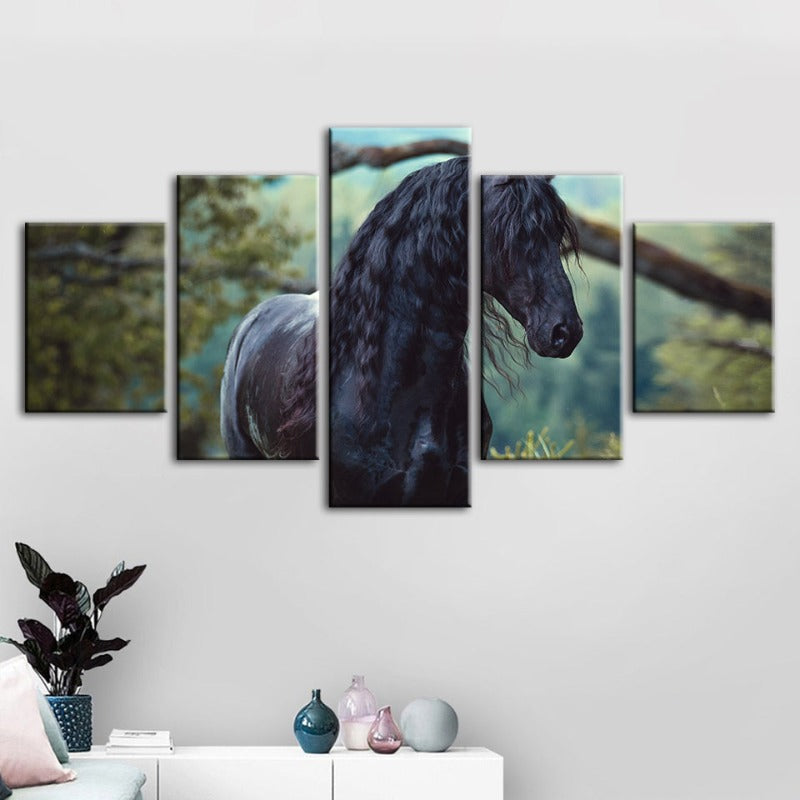 5 Stück Schwarzes Pferd im Wald - Leinwand Wandkunst Gemälde