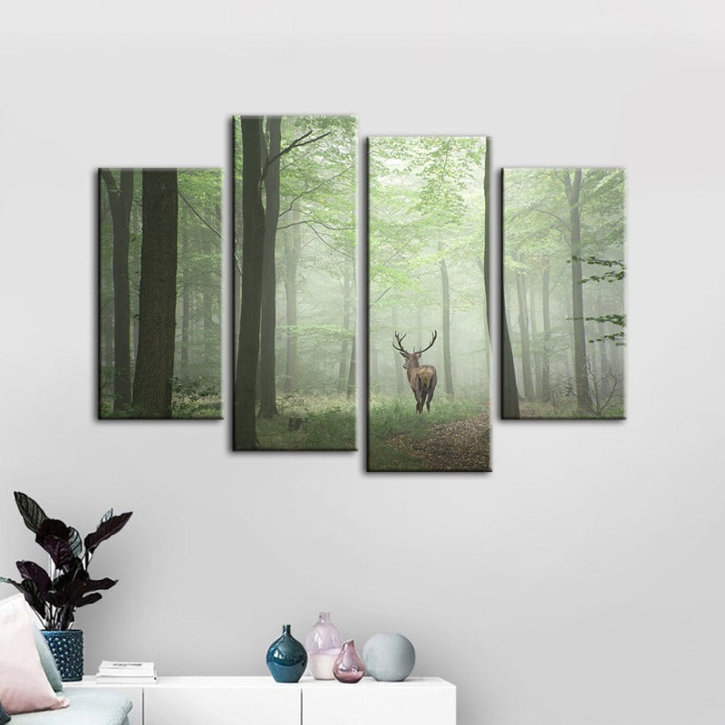 4 Stück Neblige Mystische Rehe im Wald - Leinwand Wandkunst Gemälde