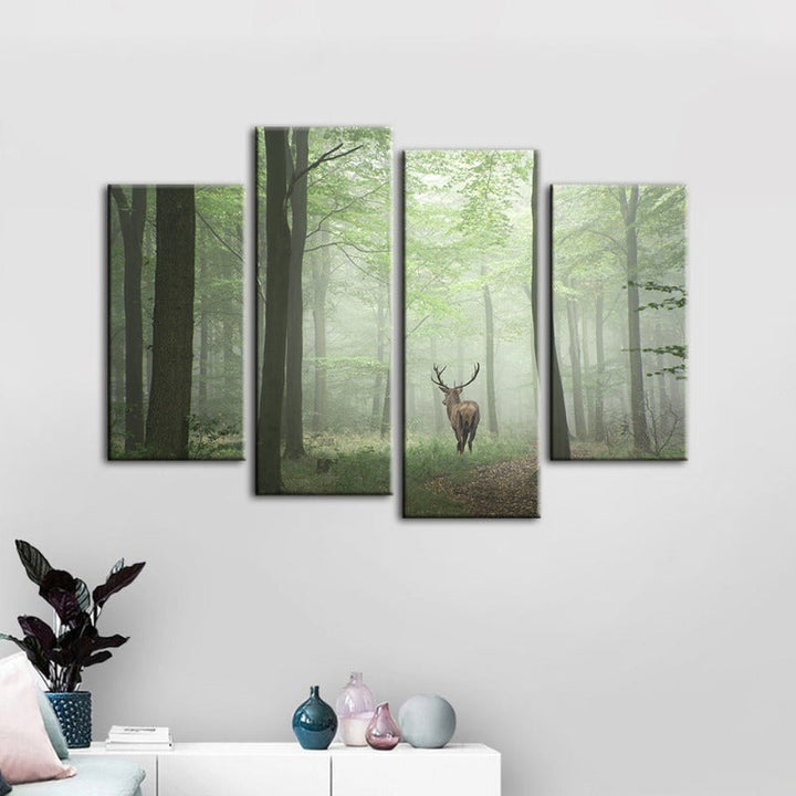 4 Stück Neblige Mystische Rehe im Wald - Leinwand Wandkunst Gemälde