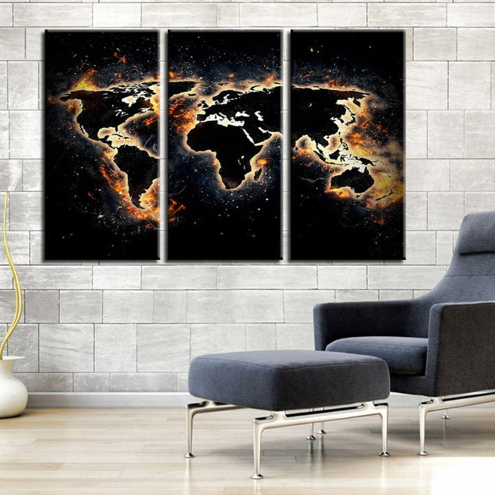 Feuer und schwarze Weltkarte - Leinwand Wandkunst Gemälde 3 Teile