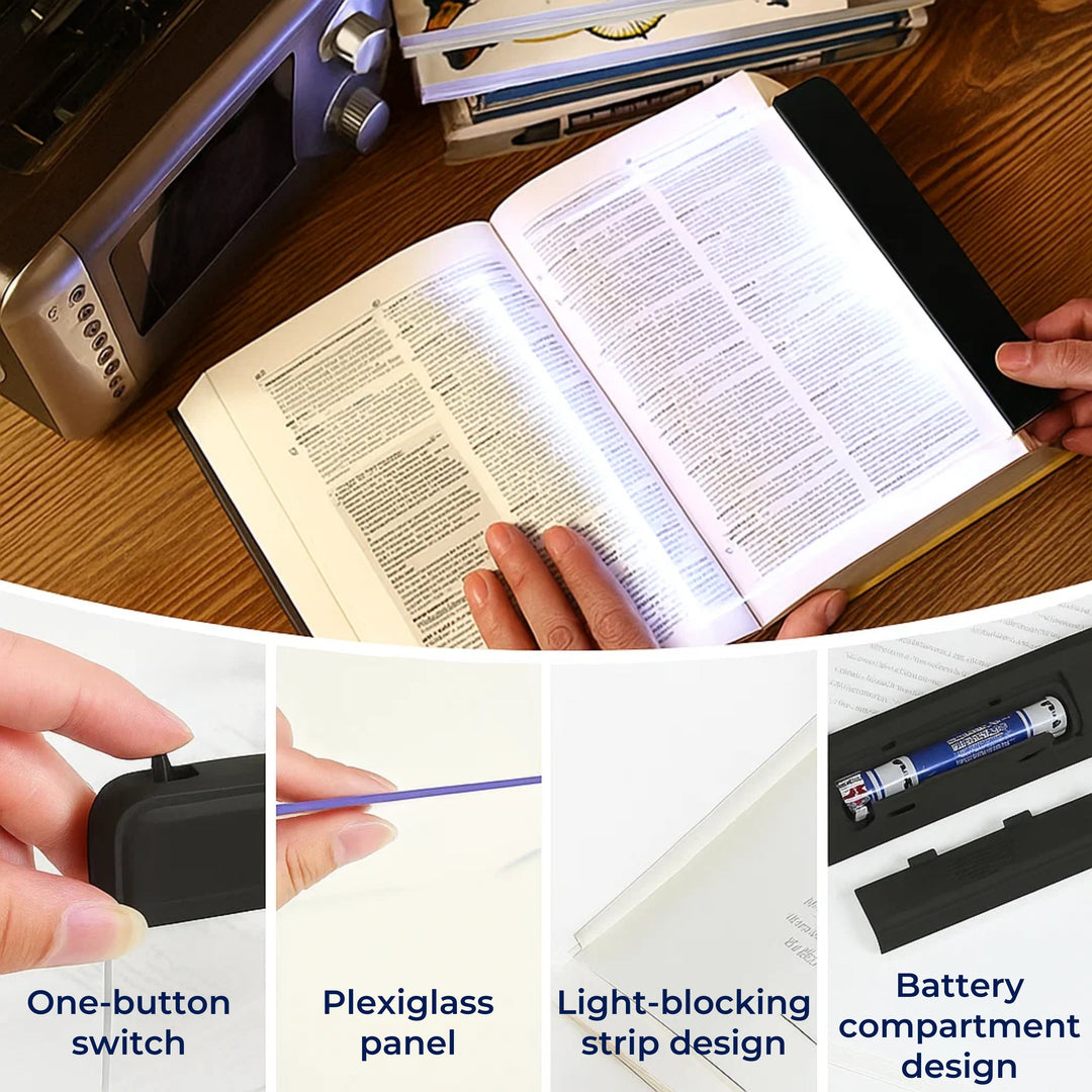 PageGlow | Flache LED Buchleuchte – Vollseitige blendfreie Beleuchtung – Schlankes tragbares Design – Augenschutz für Reisende und Leser im Bett Karnz